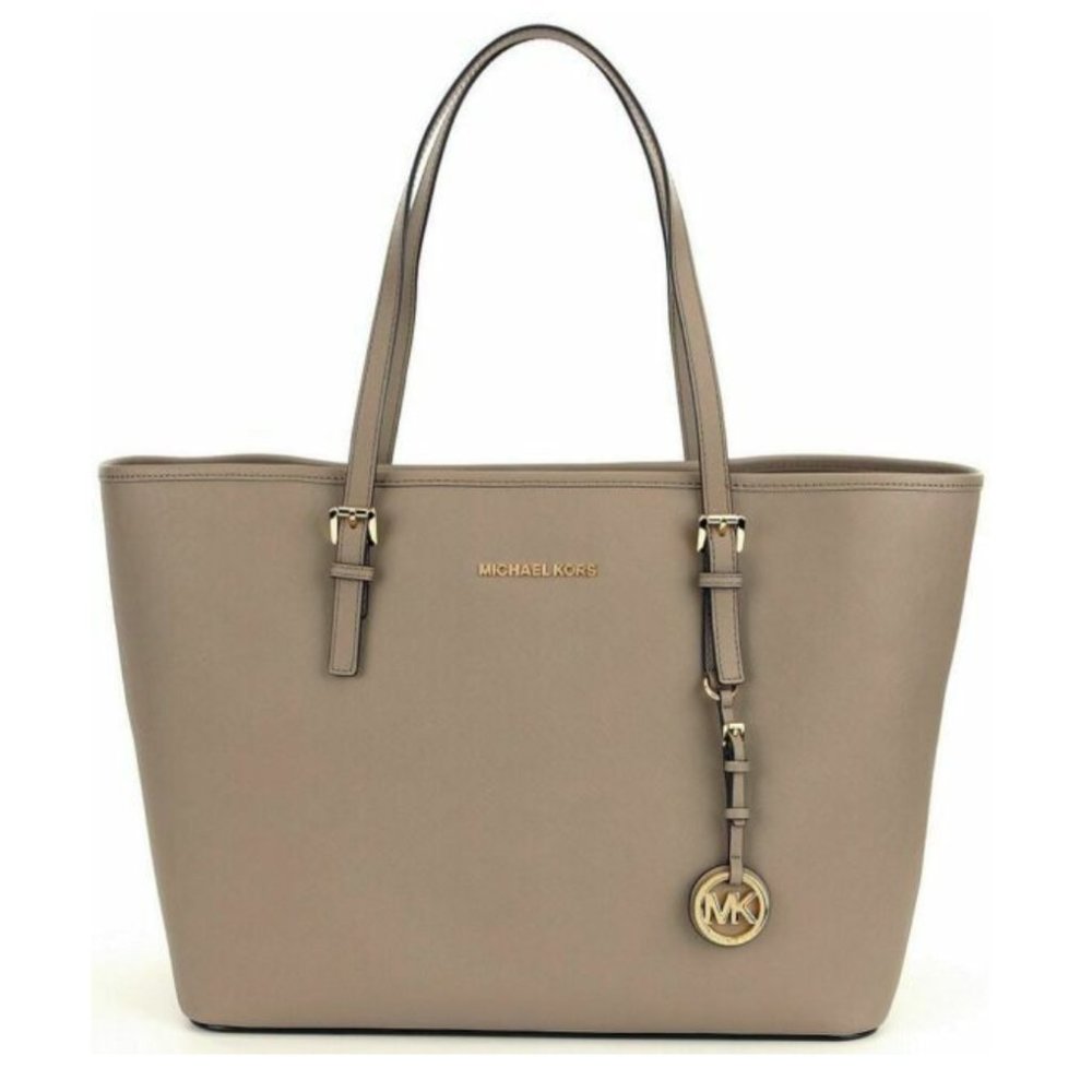 Michael Kors Jet Set Leather Saffiano Large Travel Tote Bag Taupe Beige Brown